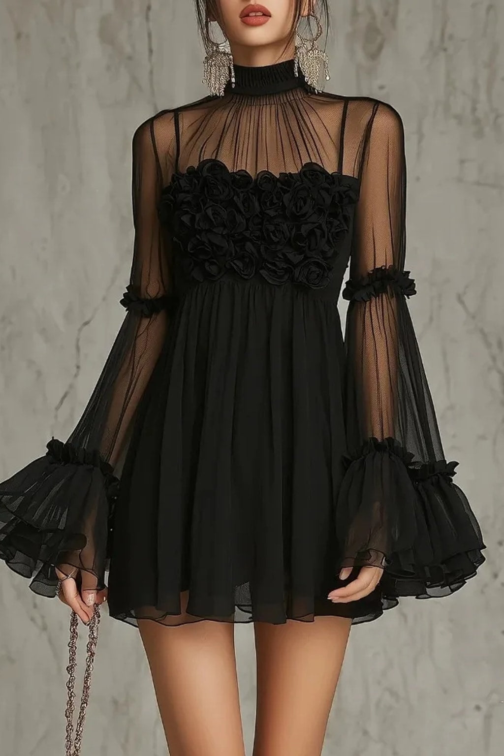 Synthetic Fiber Mesh Mini Dress With 3D Floral Appliques - 2