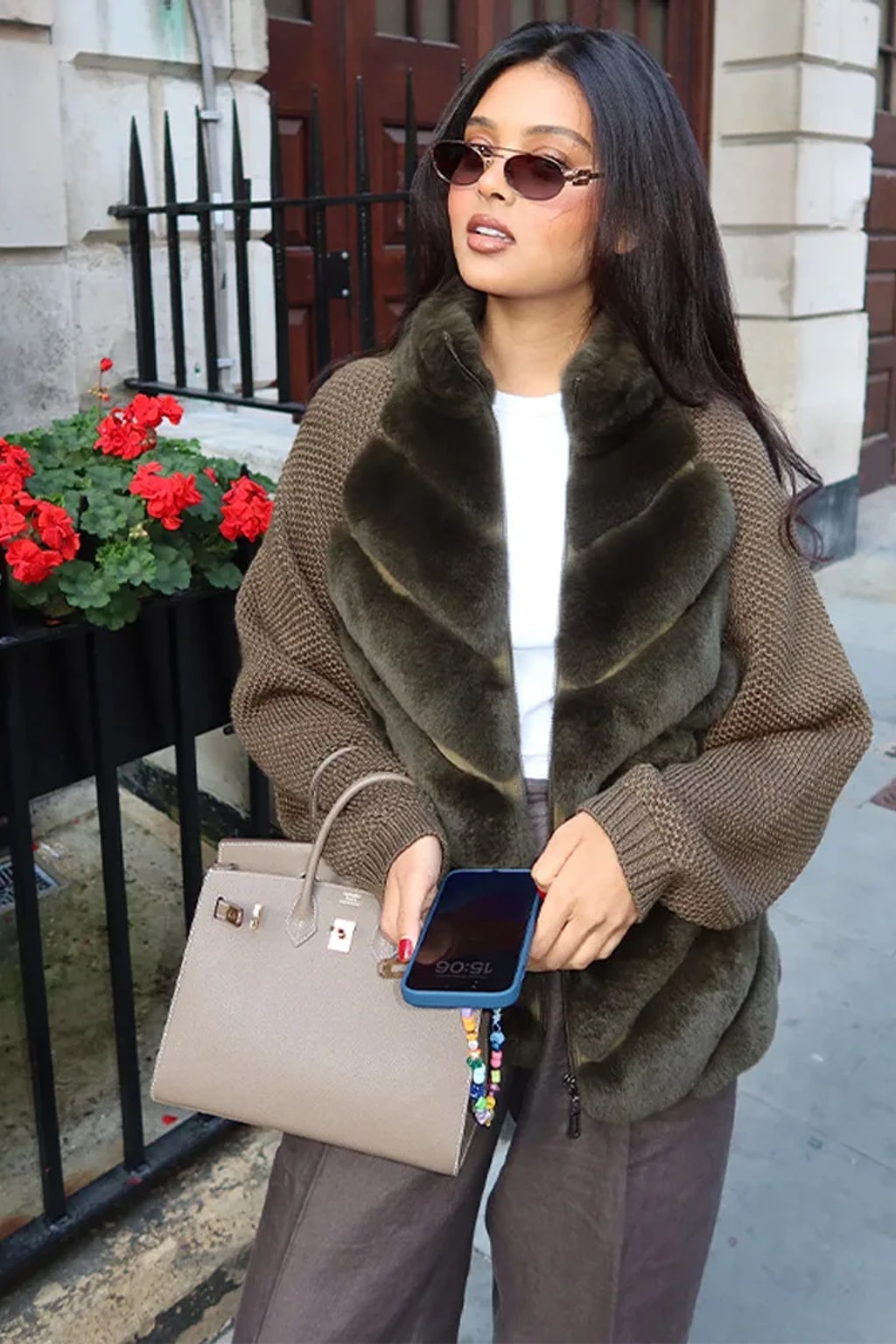 Faux Fur Patchwork Knit Jacket With Zipper Closure - 2