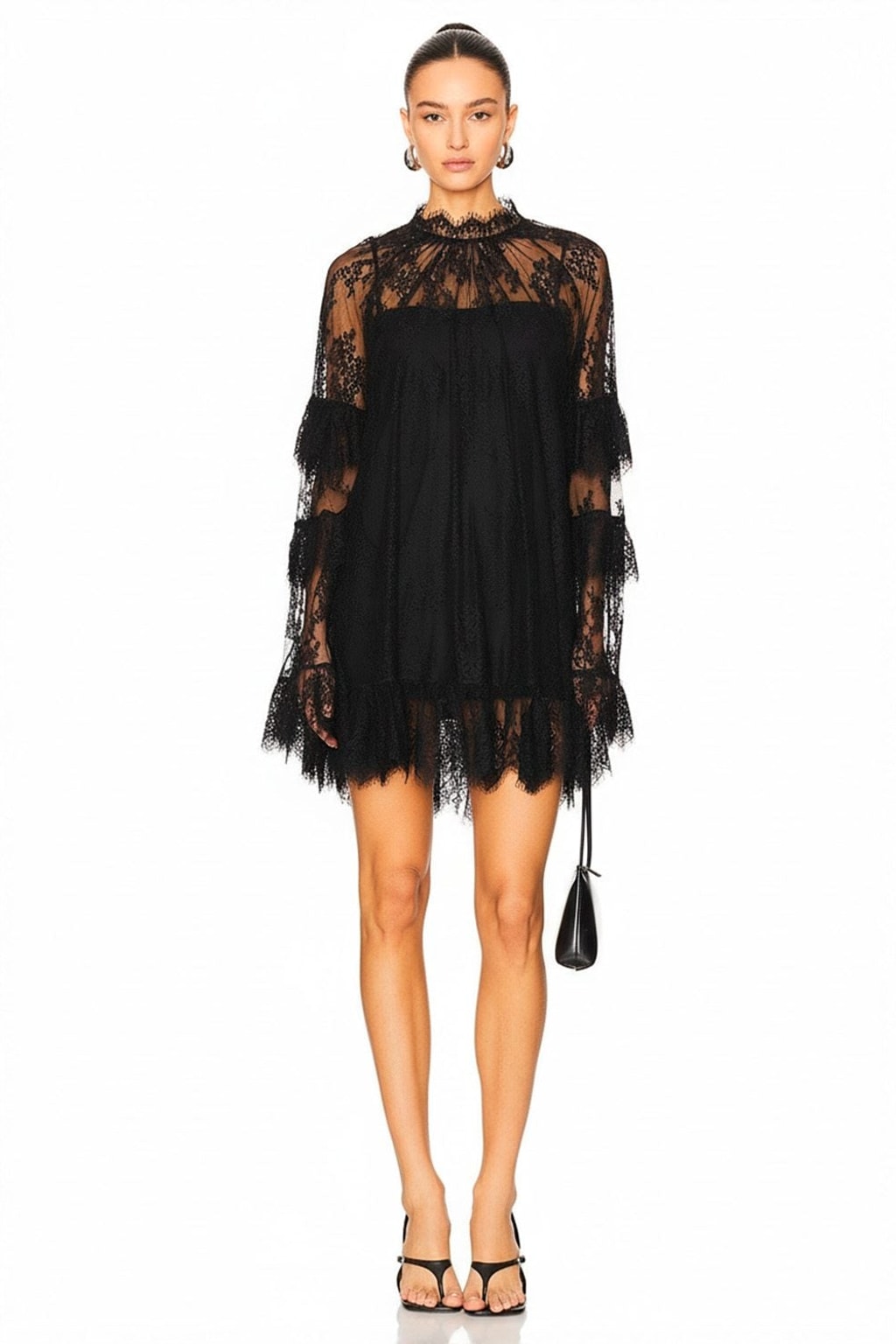 Short Lace Dress with High Neck and Ruffles - 2