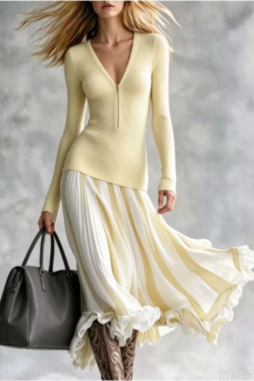 Polyester Knitted Dress with V Neck And Patchwork Stripes - 2