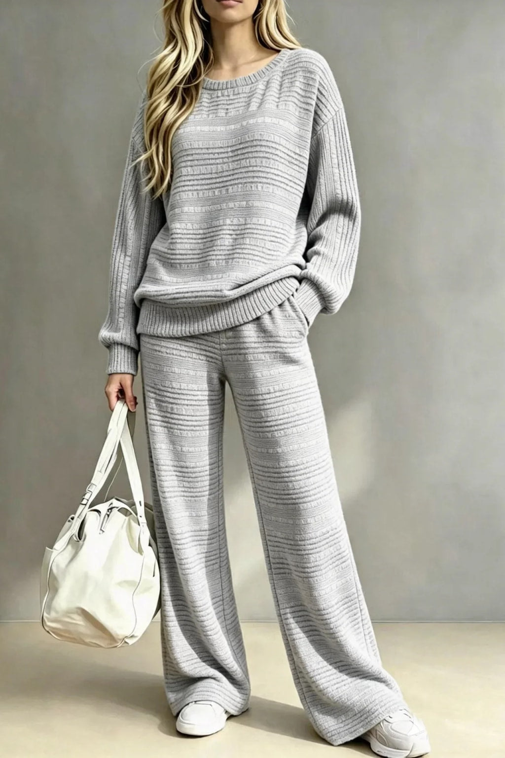Knit Two-Piece Set With O-Neck Pullover And Wide Leg Pants - 2