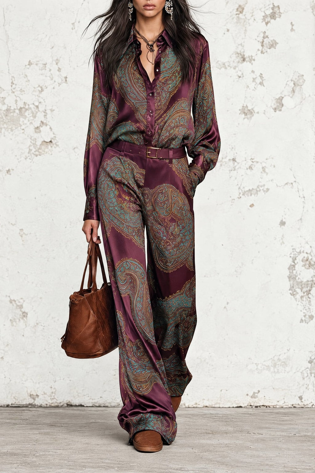 Satin Matching Set With Paisley Print And Wide-Leg Pants - 2