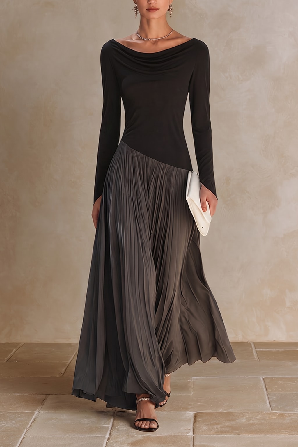 Stretch Fabric Maxi Dress With Draped Neckline - 2