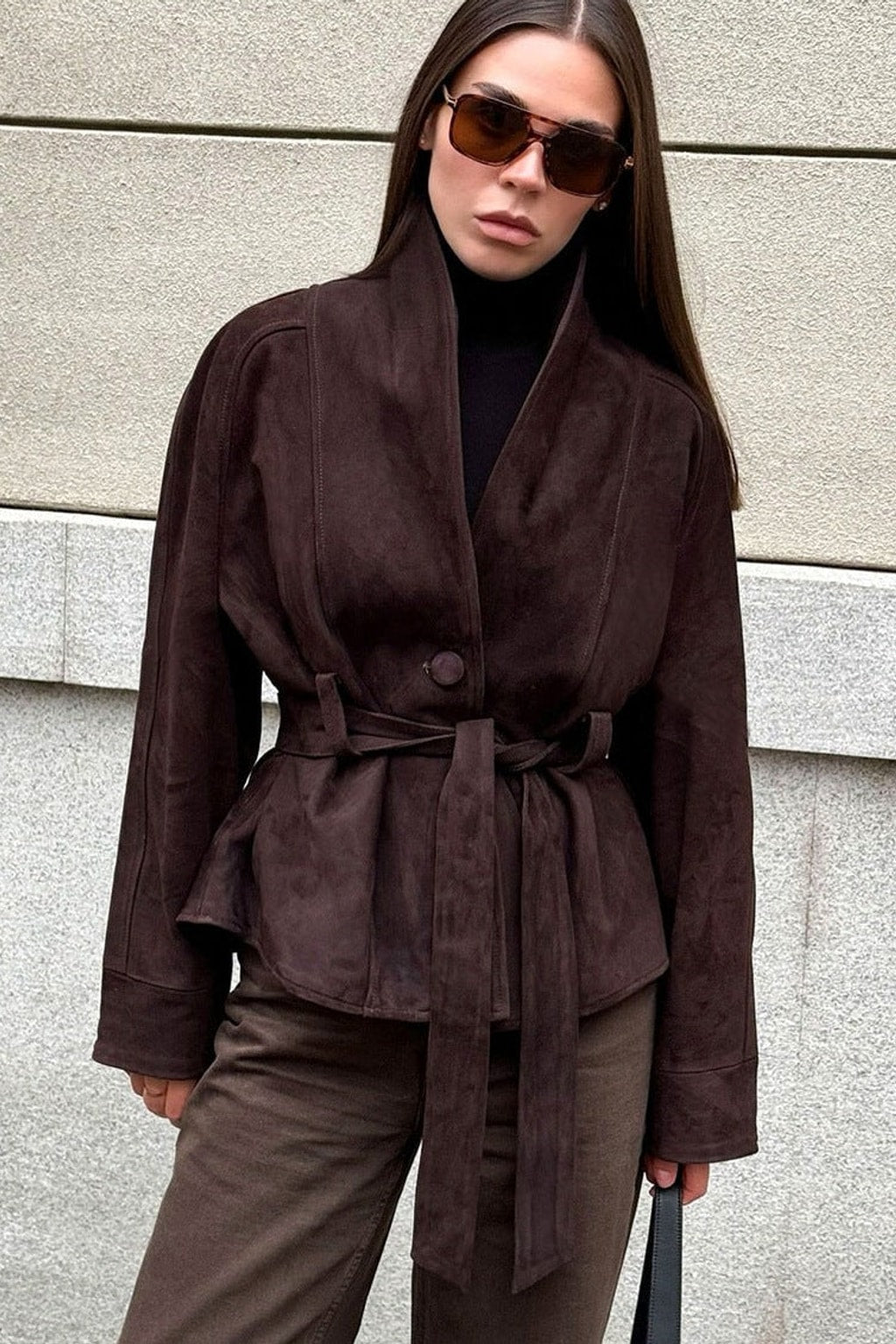 Suede Jacket With Belted Waist And Stand Collar - 2
