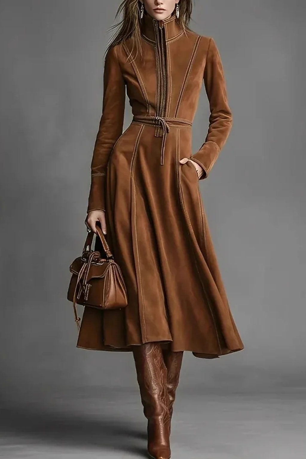 Polyester Midi Dress With Stand Collar And Half Zip - 2