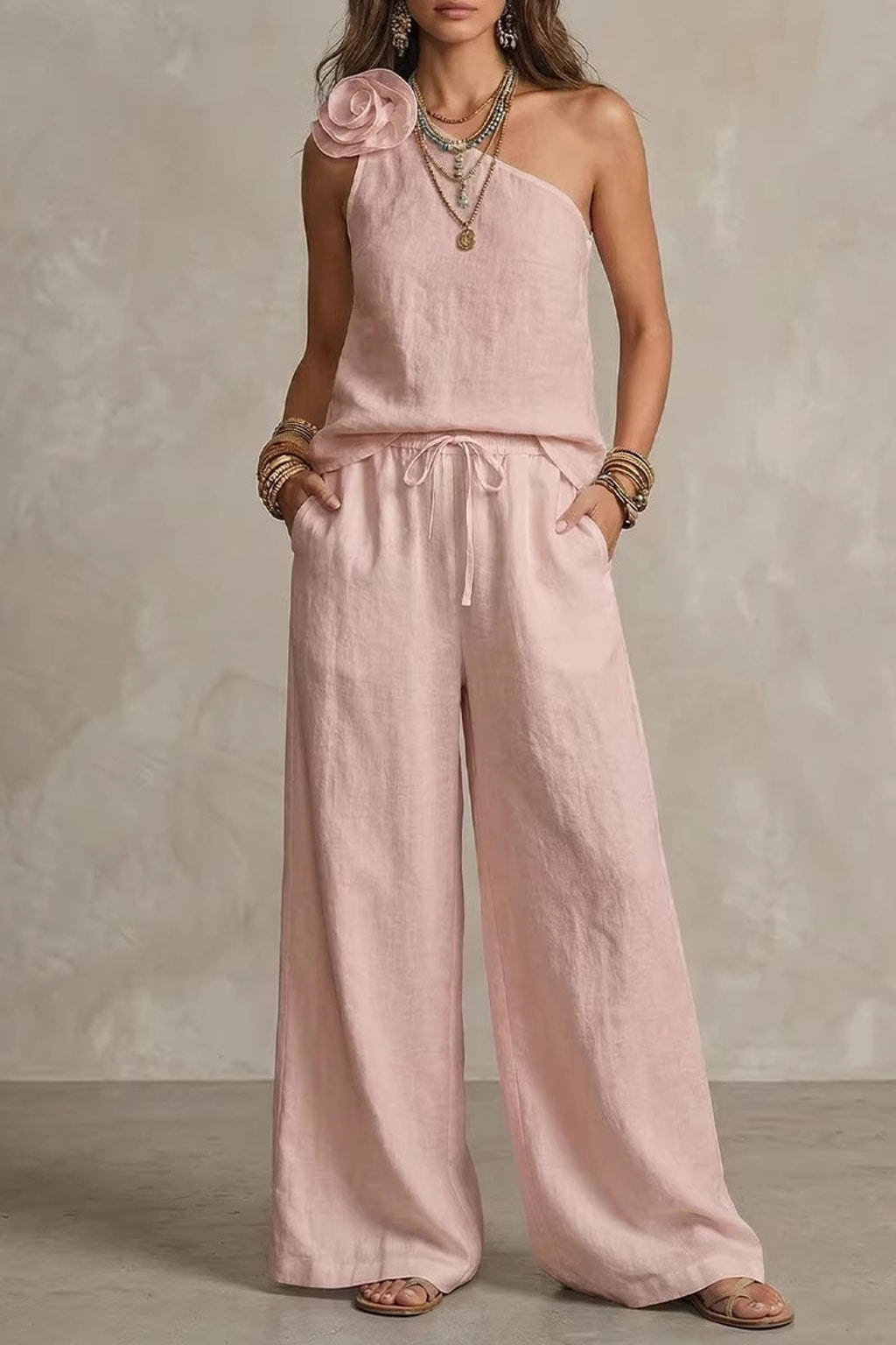 Fabric Two-Piece Set With One Shoulder Rosette - 2
