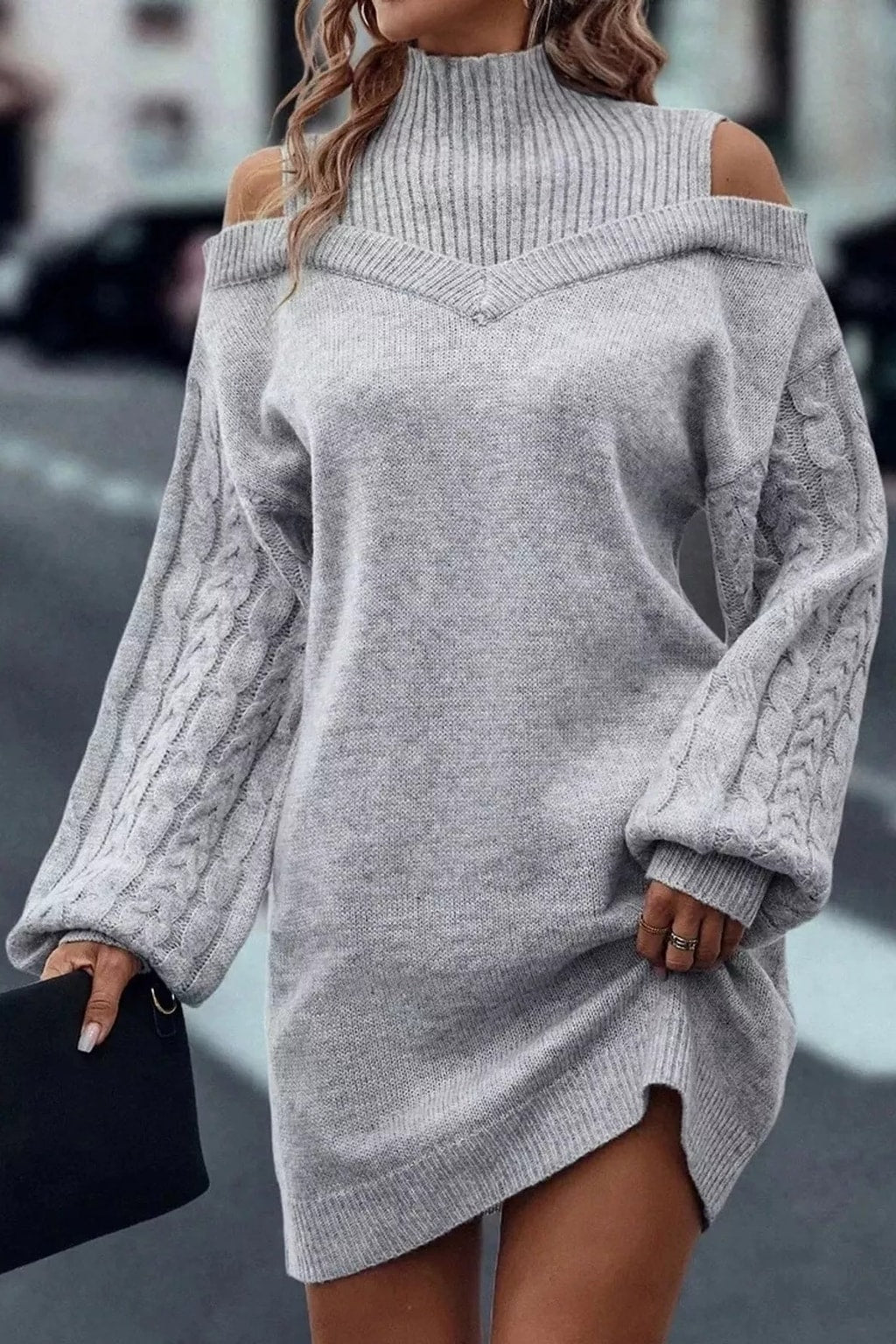 Polyester Sweater Dress With Cold Shoulder Cutouts - 2