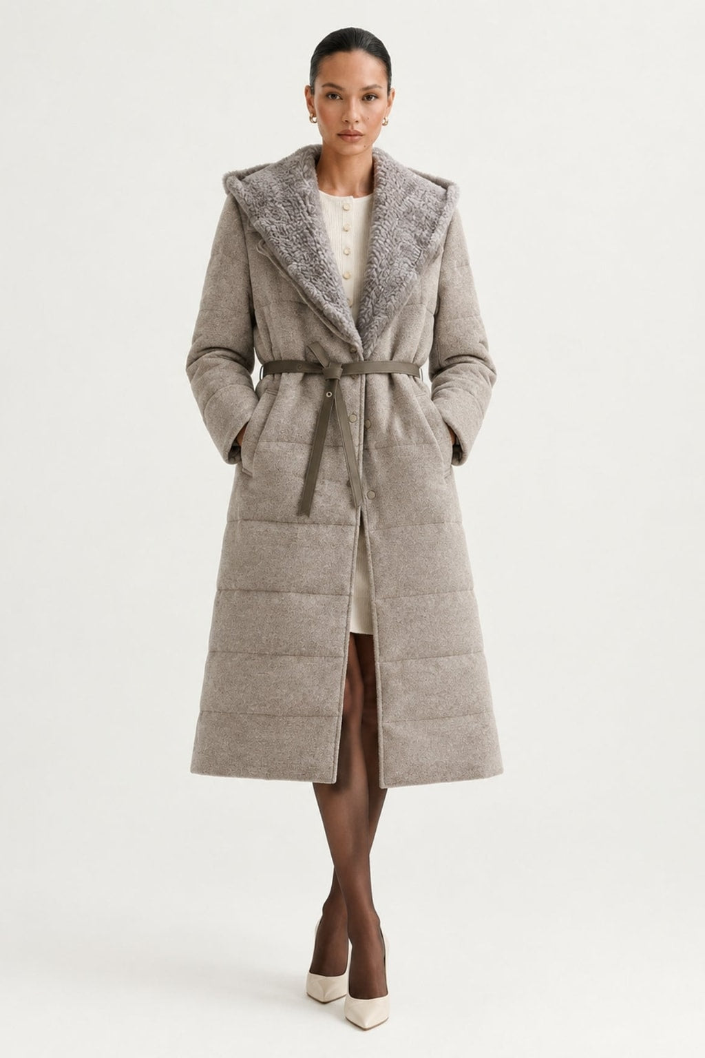 Cashmere Wool Jacket With Mink Hood And V-Neck - 2