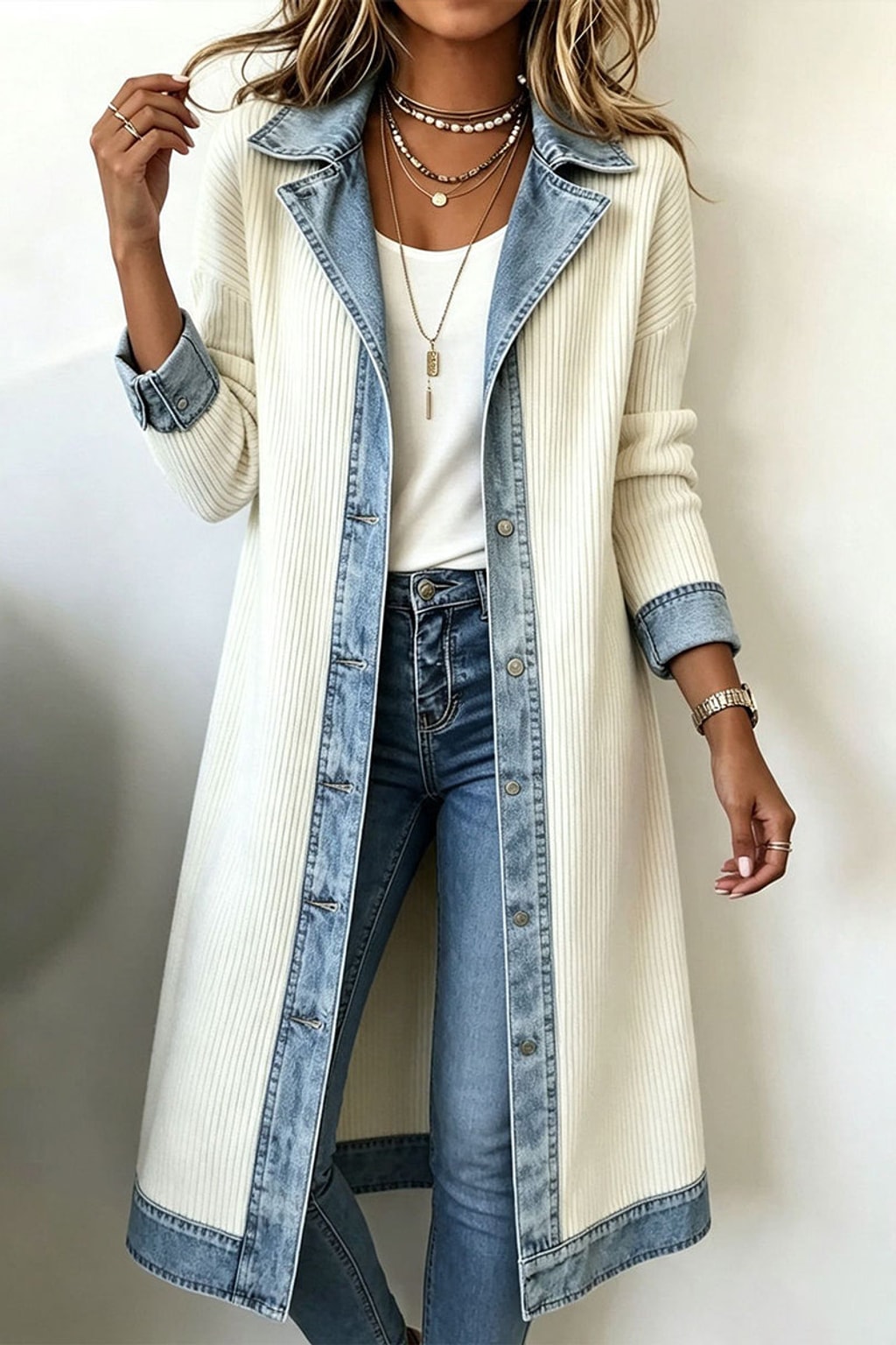 Cotton Long-Line Cardigan With Denim Trim - 2