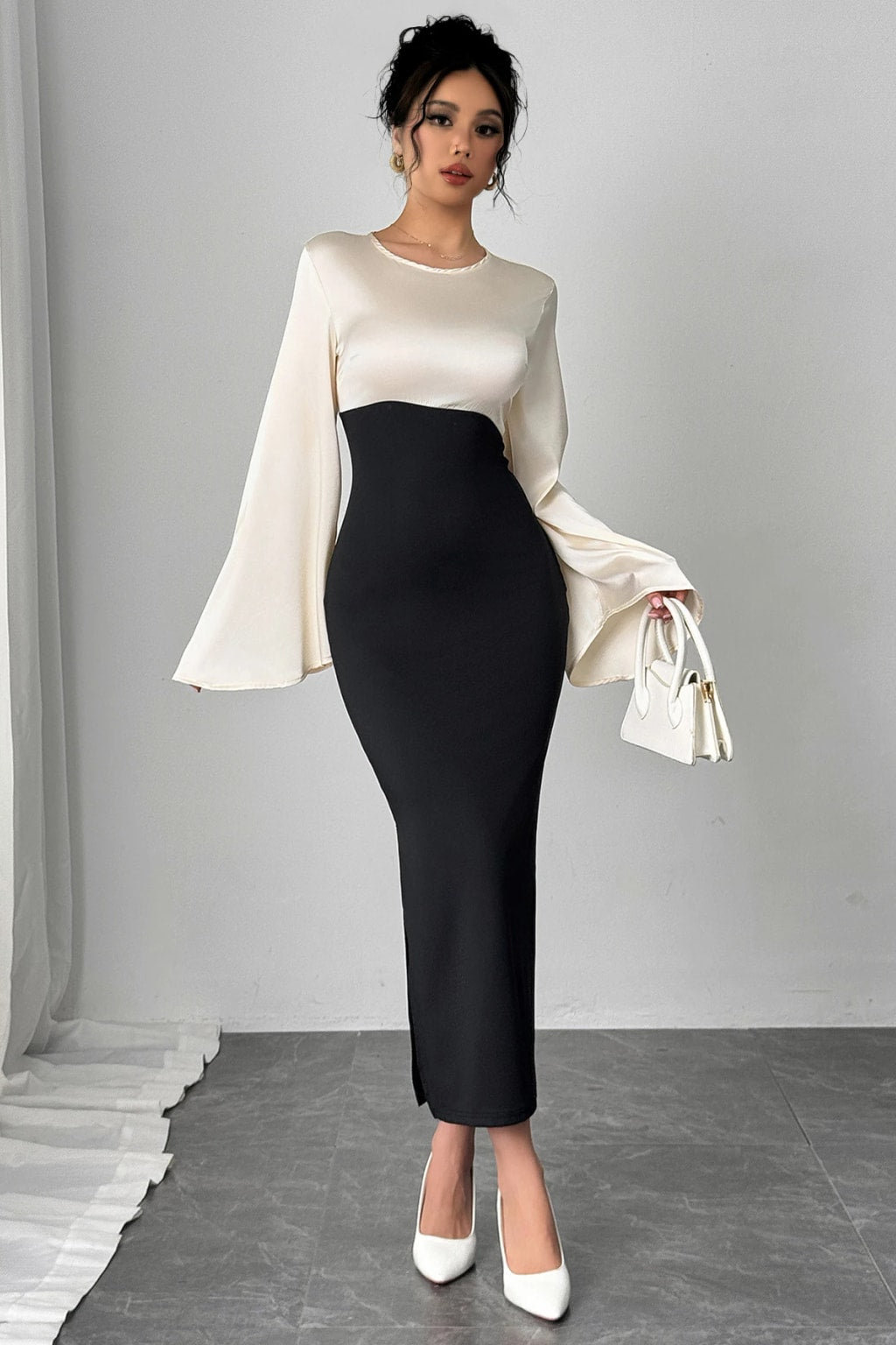 Synthetic Fiber Maxi Dress Bell Sleeve Evening Gown - 2