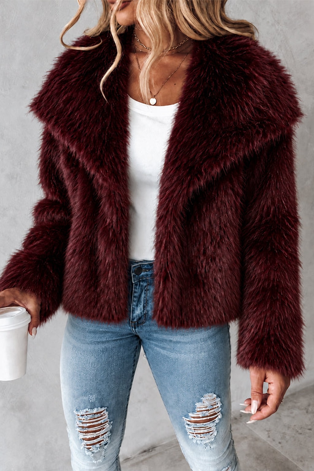 Fleece Coat Cropped Wide Lapel Open Front - 2