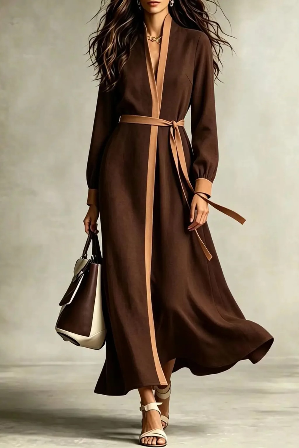 Polyester Maxi Dress V-Neck Tie Waist - 2