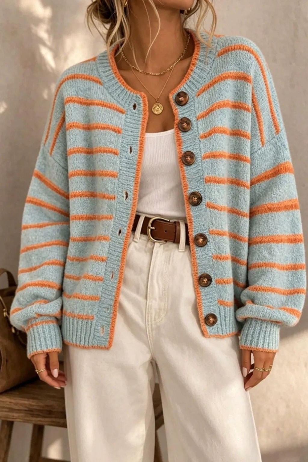 Knit Cardigan Striped Casual Button-Front Sweater - 2