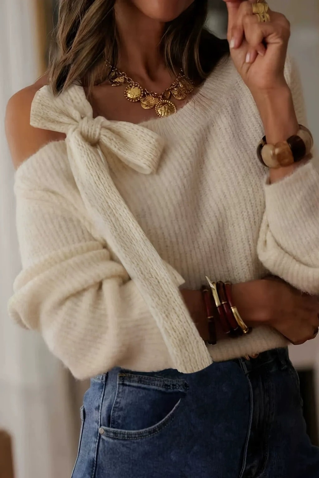 Knit Top Off-Shoulder Bow Detail - 2