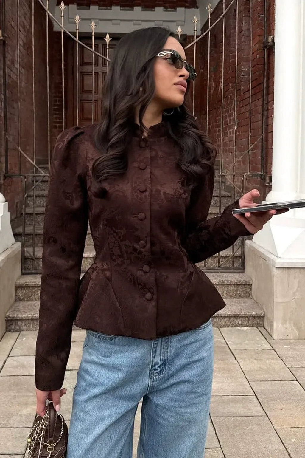 Jacquard Cropped Top With Puff Sleeves - 2