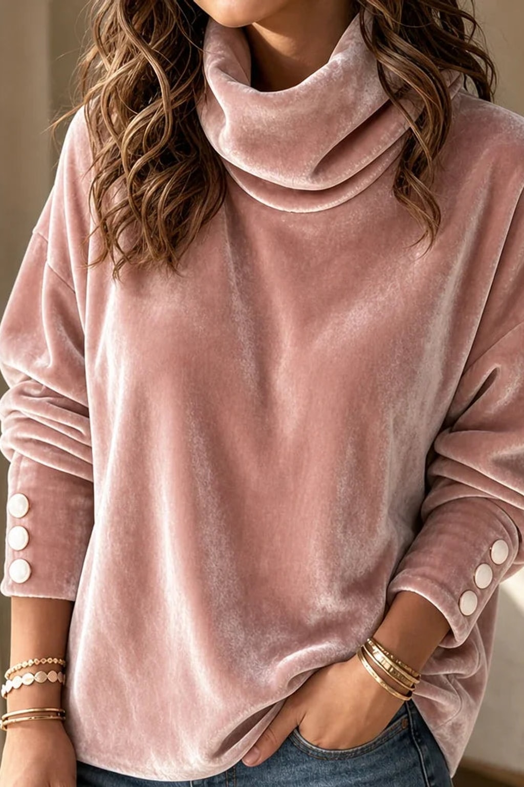 Velvet Blouse Draped Neck Statement Top - 1
