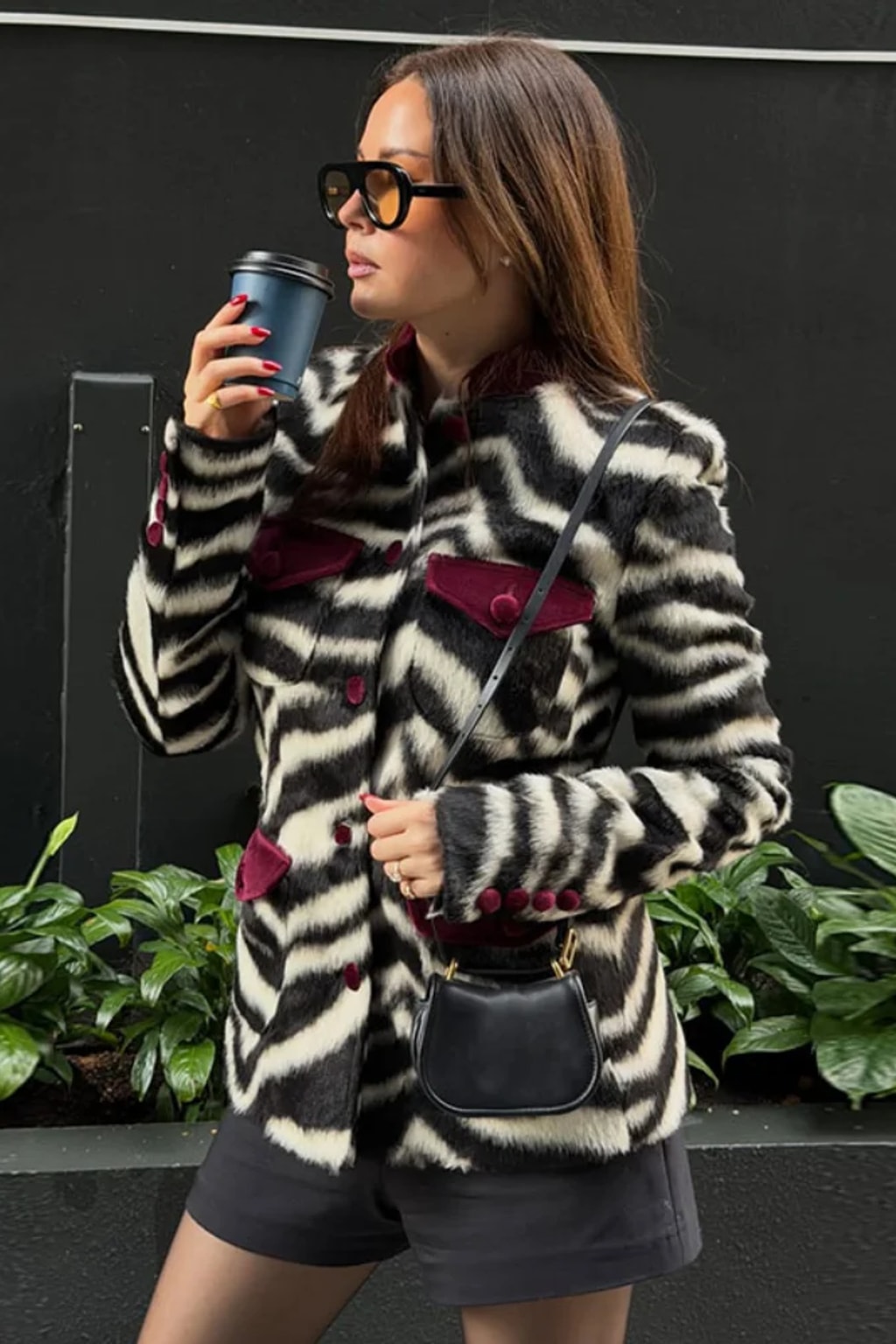 Faux Fur Jacket Zebra Pattern Stand Collar Fitted Outerwear - 2