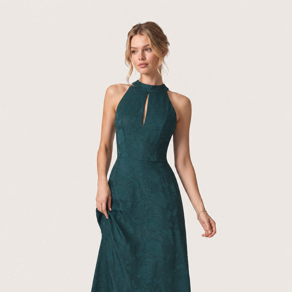 Best sellers - green jacquard mock neck maxi dress worn on ivory