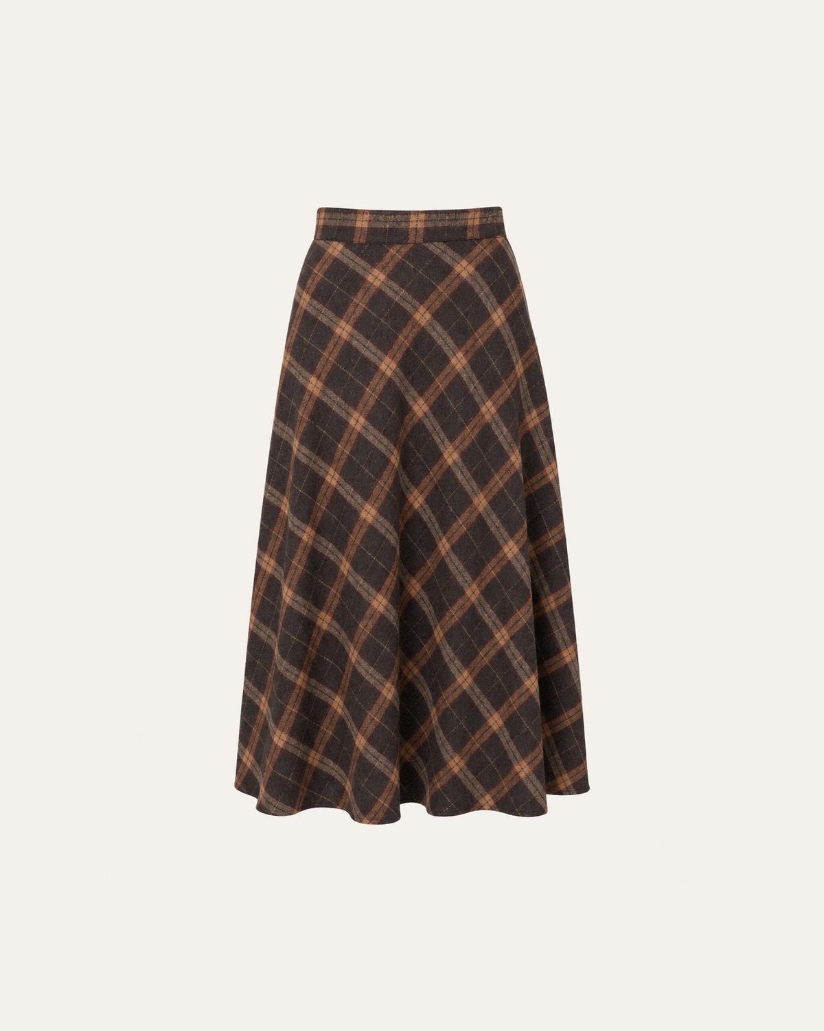 Bottoms - brown plaid A-line midi skirt on ivory