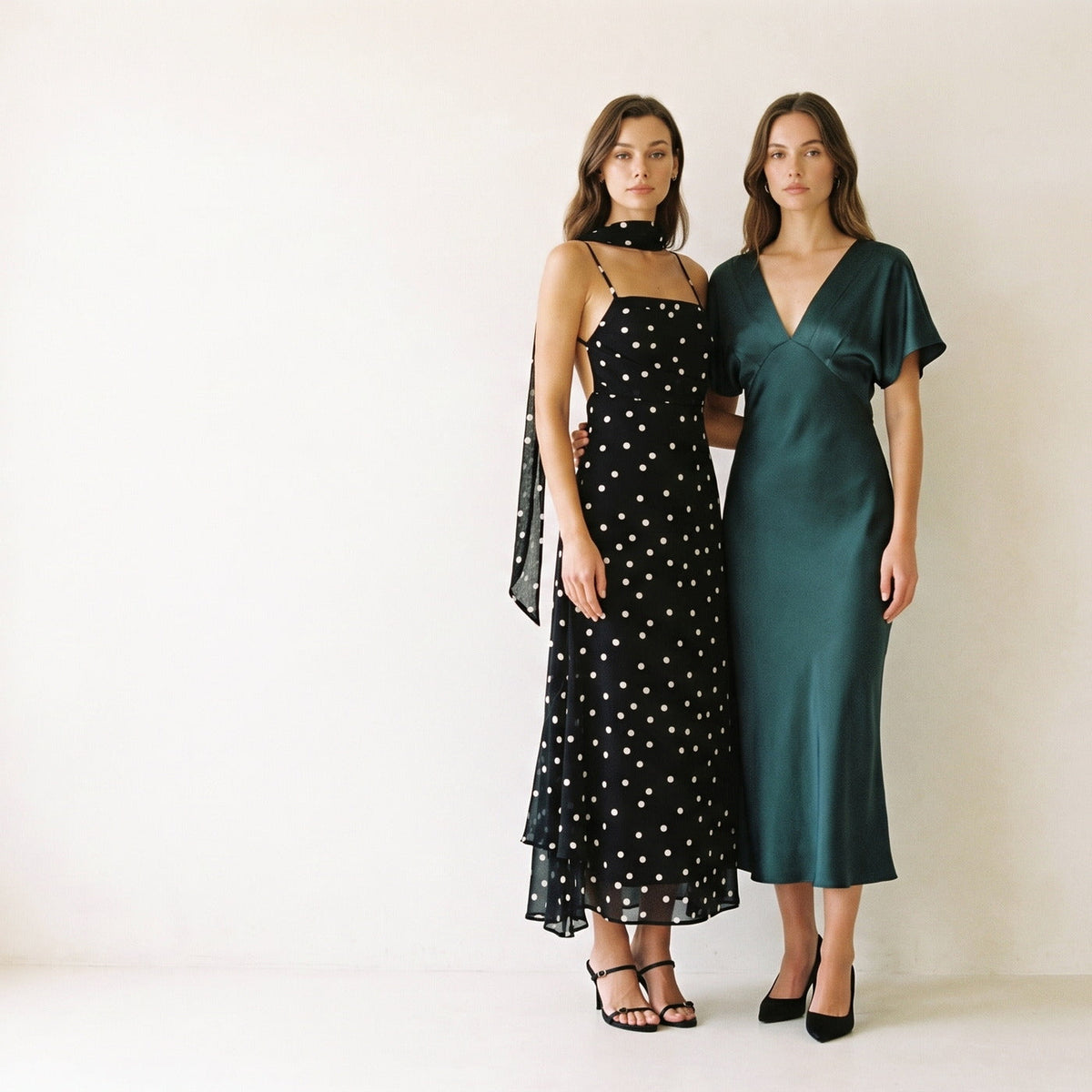 Party and evening - two models in a polka dot slip maxi and teal satin midi