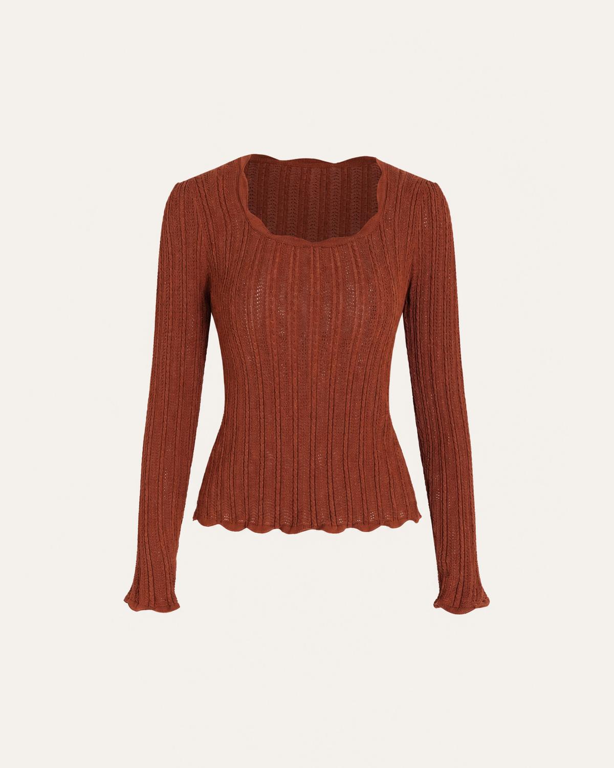 Knitwear - rust ribbed round neck sweater on ivory