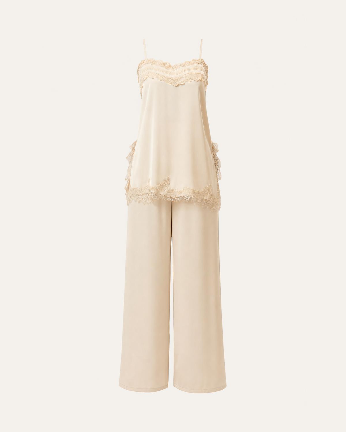 Matching sets - cream lace trim cami top and wide leg pants on ivory