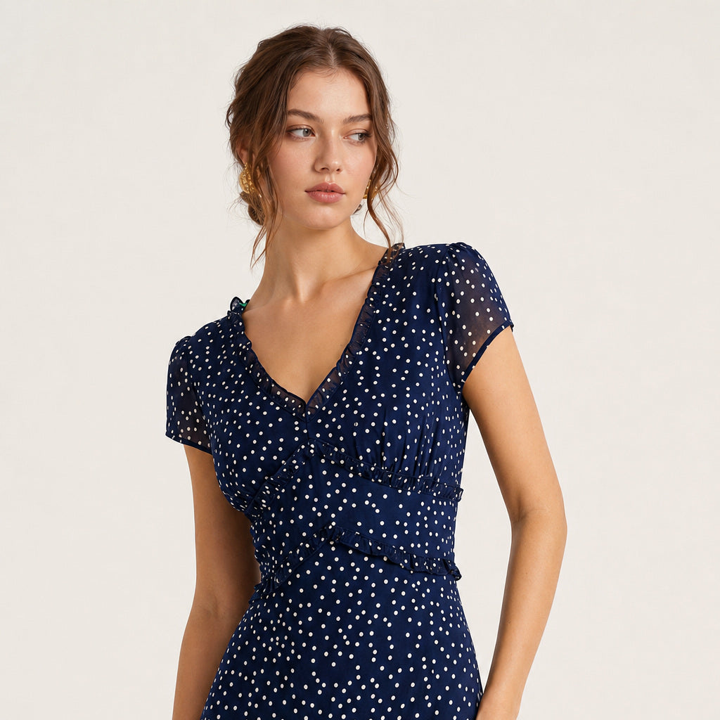 Midi dresses - navy polka dot wrap midi dress worn on ivory