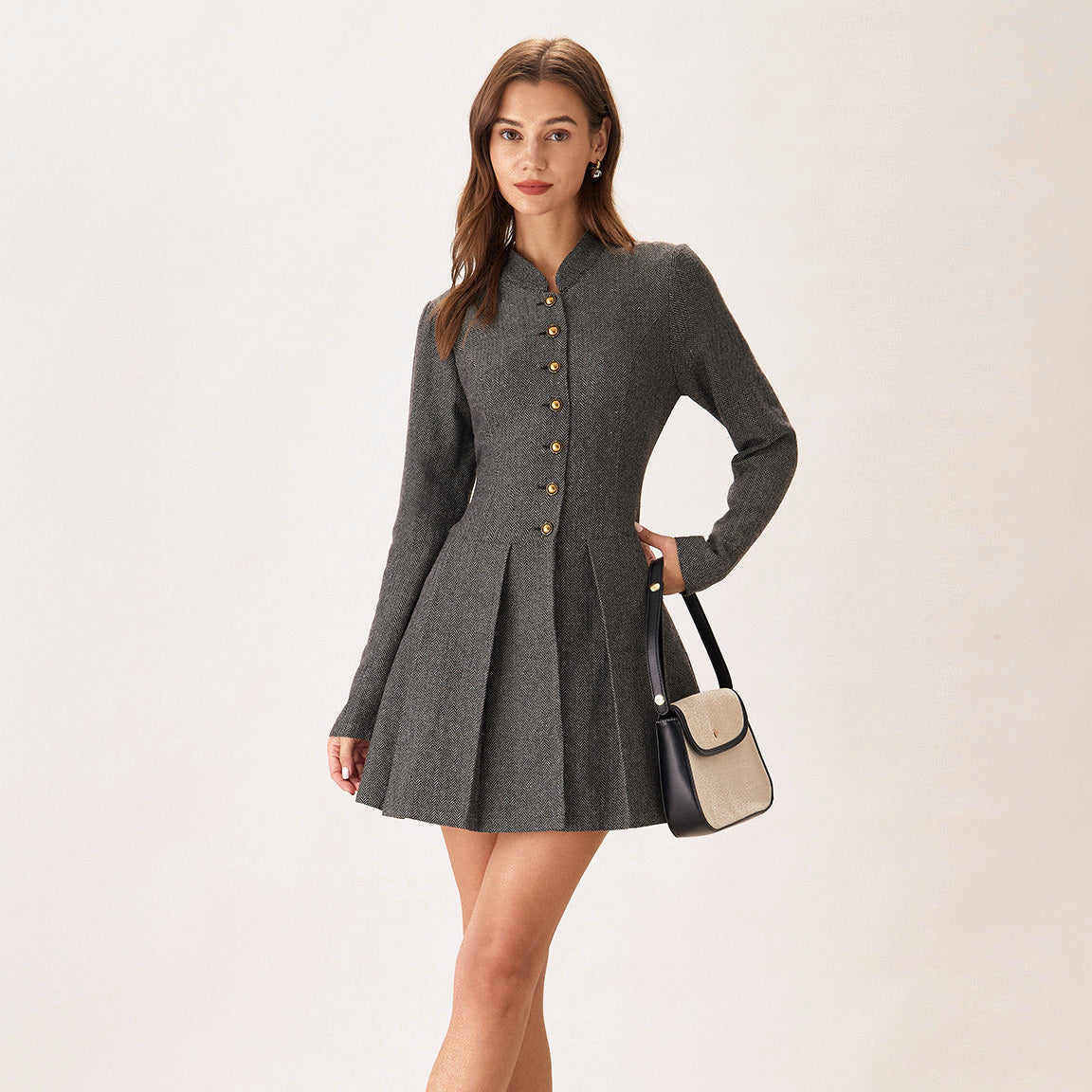 Sale - grey pleated button front mini dress worn on ivory