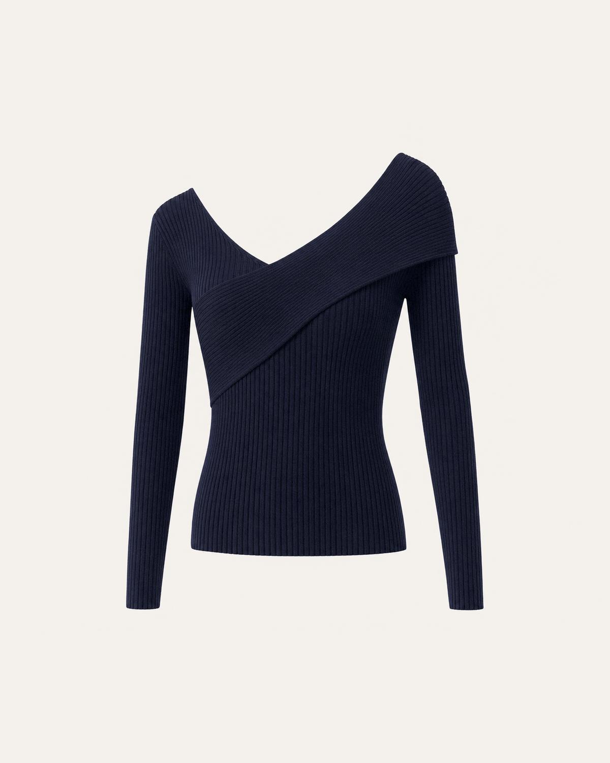 Tops - navy square neck button front blouse on ivory