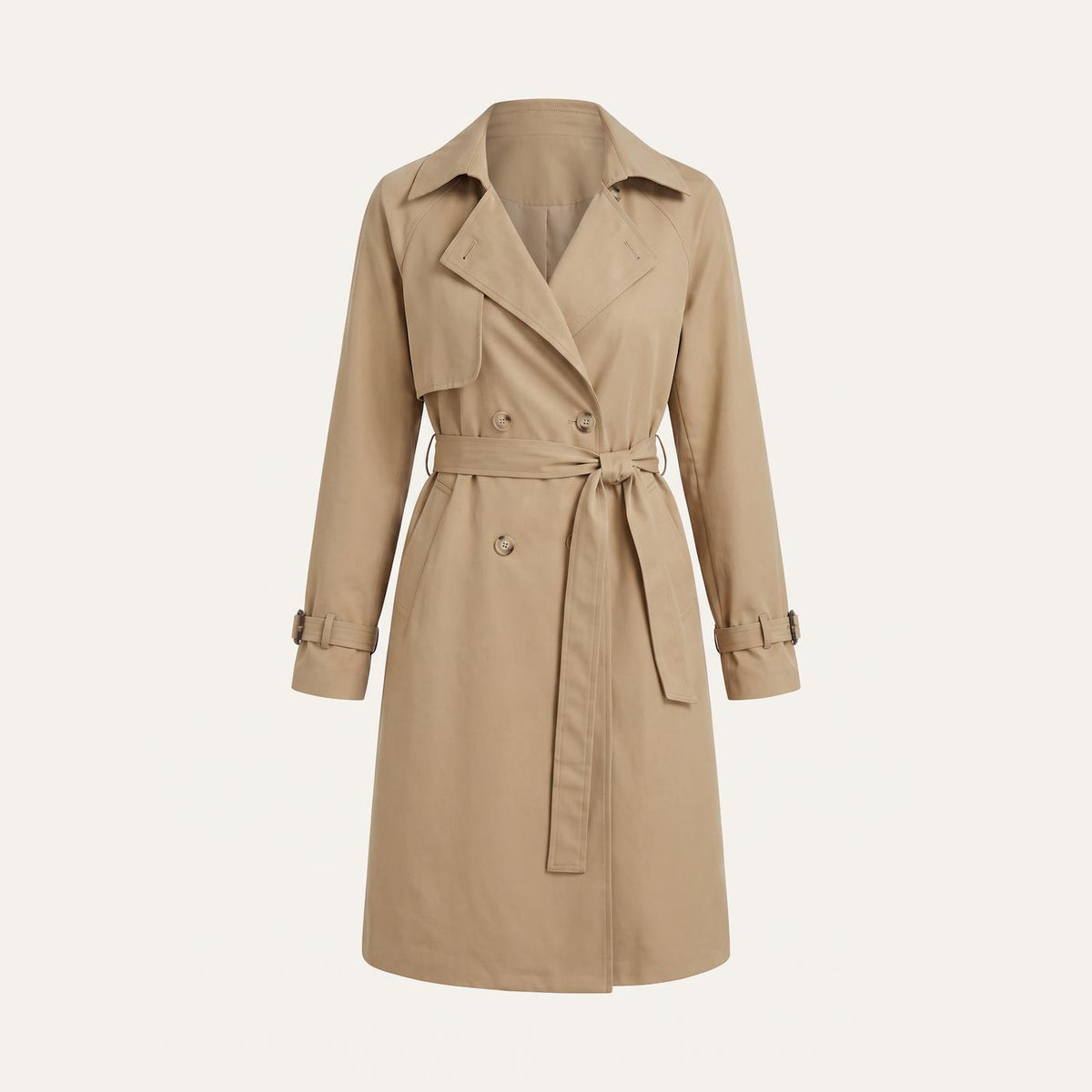 Trench coats - khaki double breasted belted trench coat on ivory