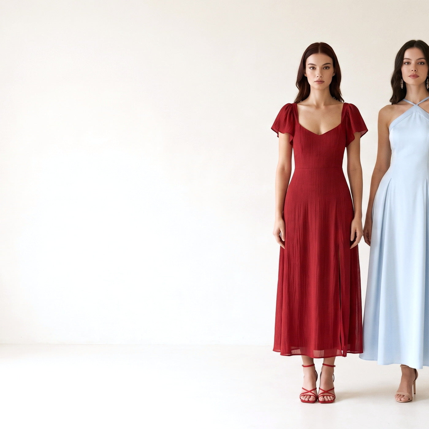The Wedding Guest Edit - two models in a red chiffon and a blue satin maxi
