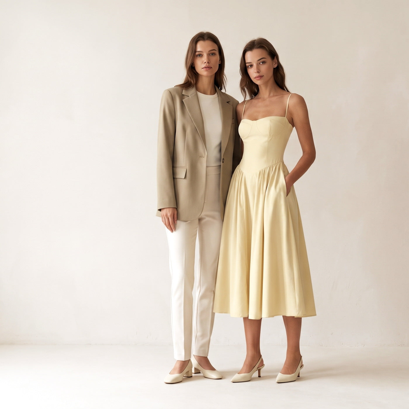Work and office - a khaki blazer and a butter yellow pocket midi dress
