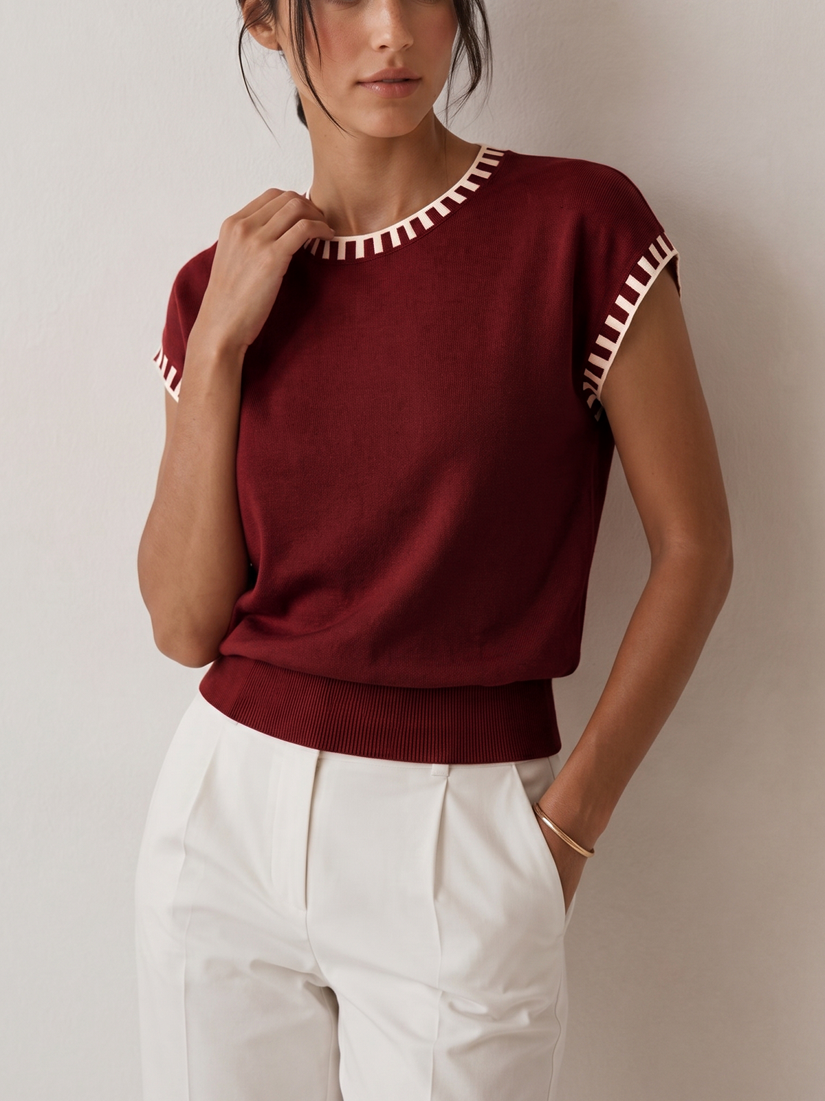 Knit Cap Sleeve Top With Contrast Trim - 9