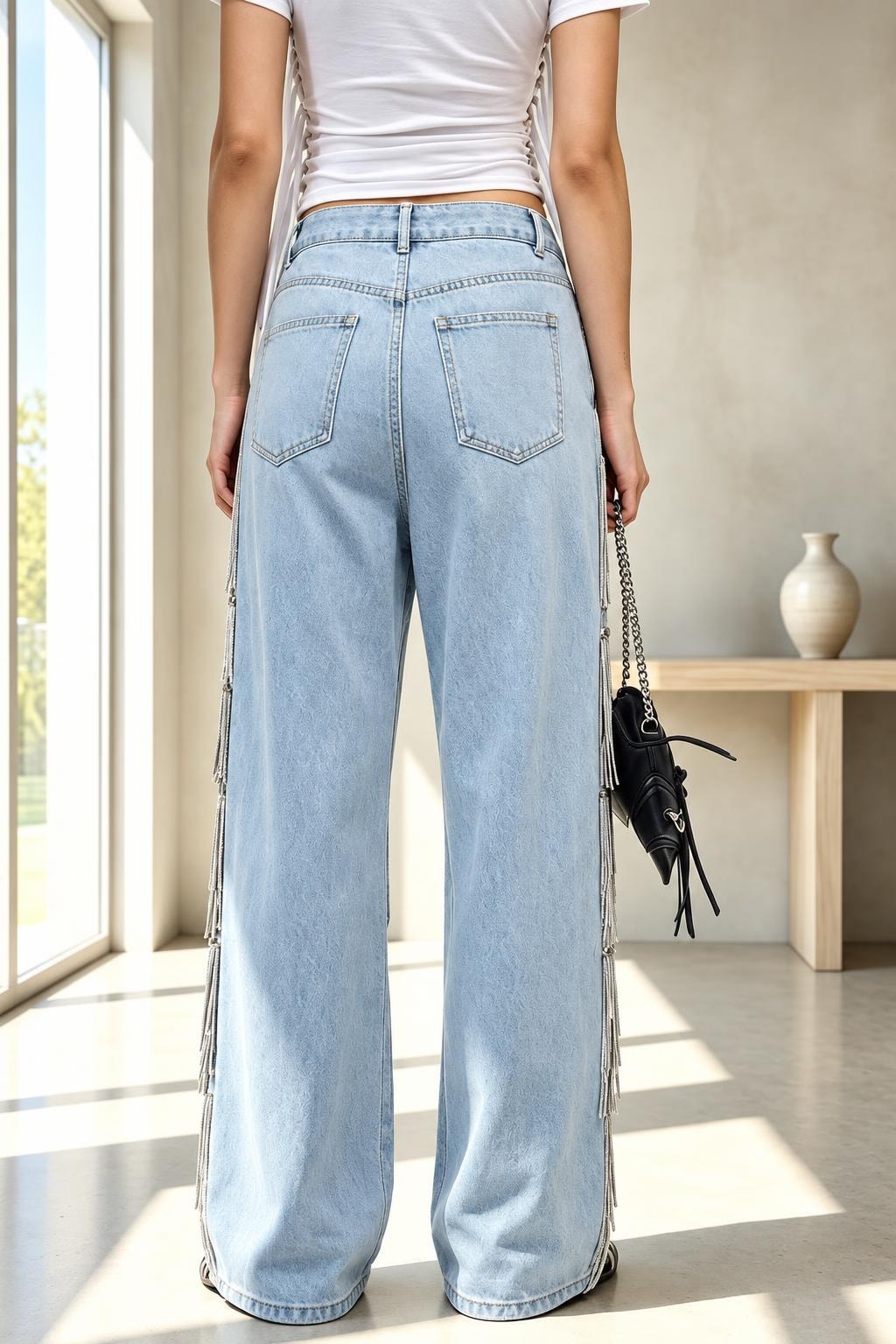 Denim High Rise Wide Leg Jeans With Tassel Detail - 5