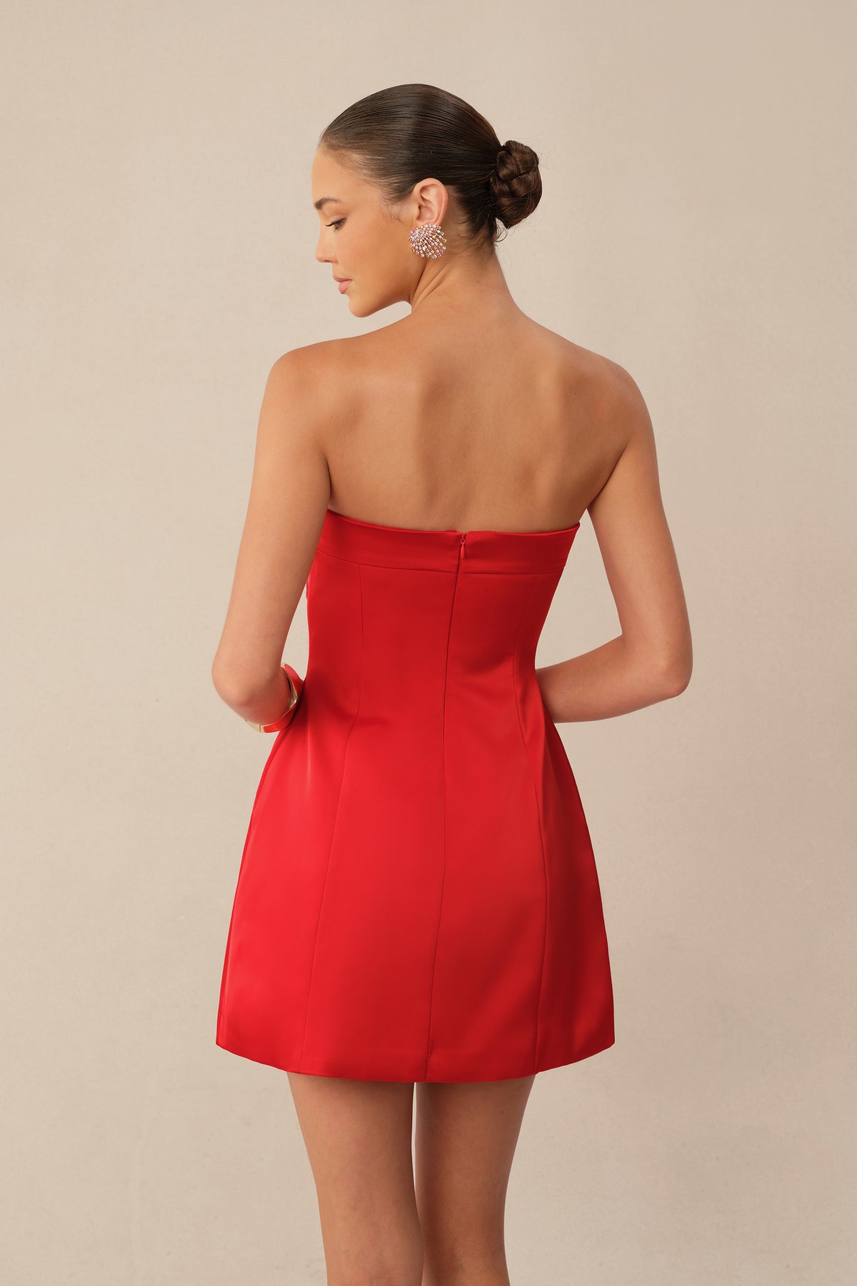 Red satin strapless mini dress with floral embroidery - view 4