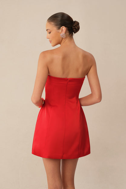 Red satin strapless mini dress with floral embroidery - view 4