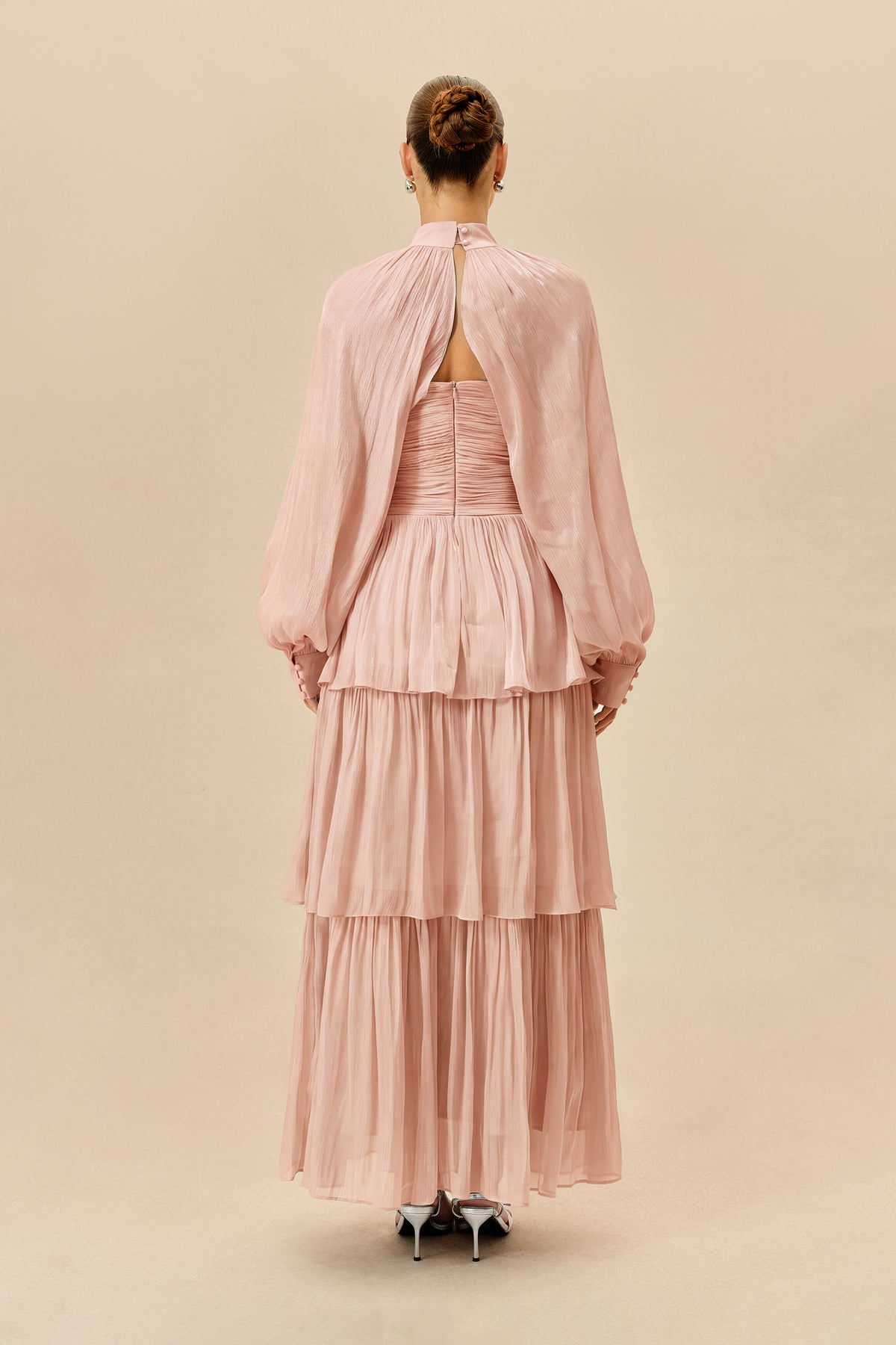 Pink Tiered Chiffon Maxi Dress with Puff Sleeves - view 4