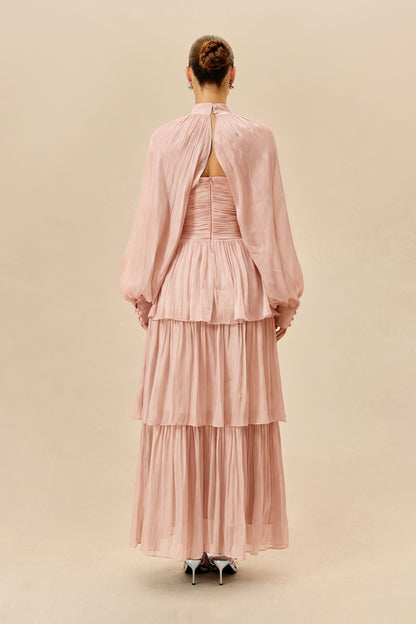 Pink Tiered Chiffon Maxi Dress with Puff Sleeves - view 4