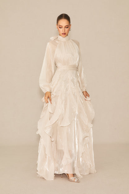 Balloon Sleeve Ruffle Trim Modest Maxi Dress - view 5
