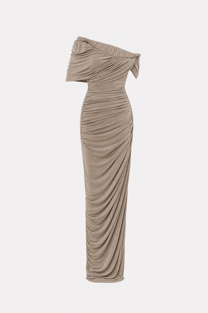 Off-Shoulder Ruched Wrap Chiffon Maxi Dress