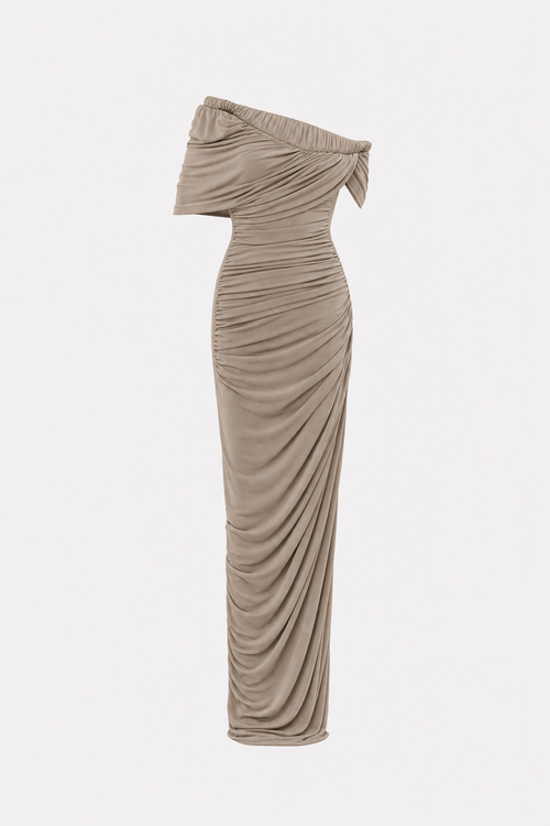 Off-Shoulder Ruched Wrap Chiffon Maxi Dress