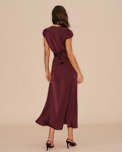 Wine red V-neck lace maxi dress - view 4