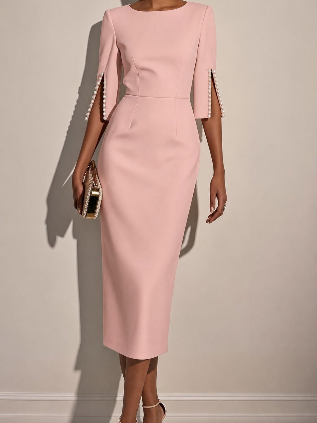Elegant Polyester Beaded Round Neck Midi Dress - 9