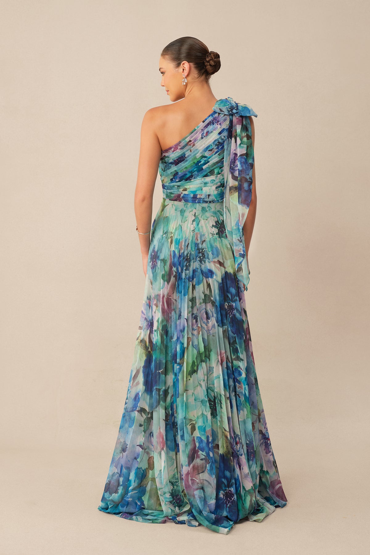 Blue One-Shoulder Pleated Chiffon Maxi Dress - view 4