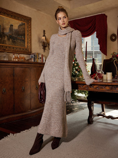Knit Sweater Midi Dress With Scarf - view 2