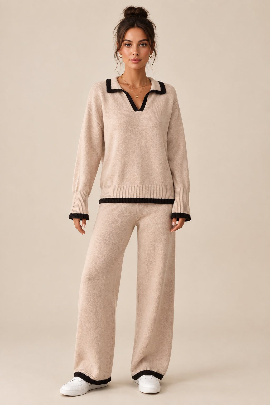 Polyester Two-Piece Pants Set With Contrast Trim - 4