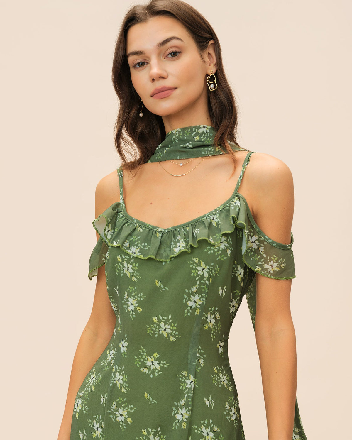 Green Floral Ruffle Mermaid Maxi Dress - view 3