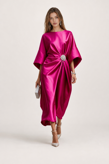Satin maxi dress with draped cape sleeves - view 6