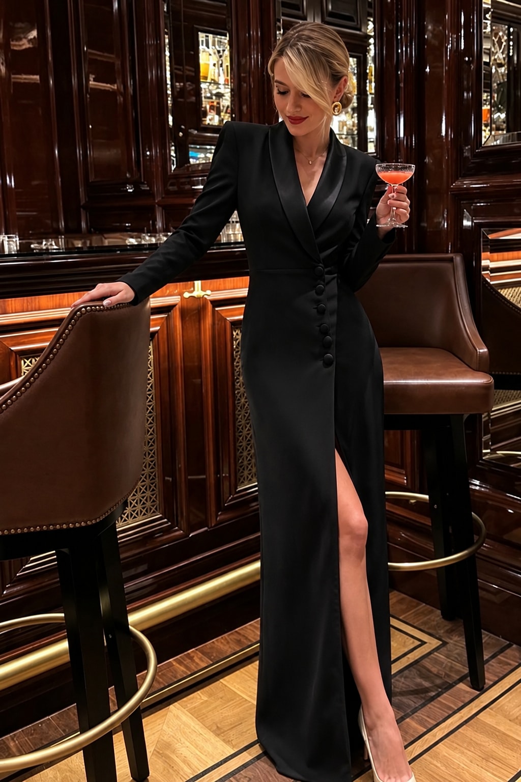Polyester Maxi Dress Structured Suit Collar - 8