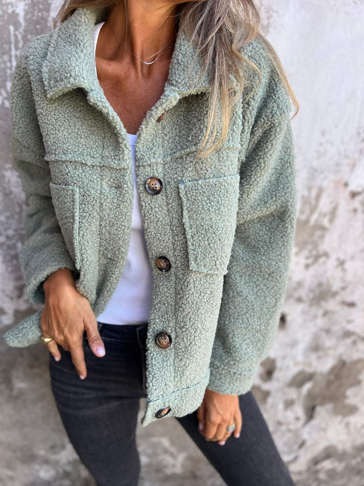 Teddy fleece button-front shacket with patch pockets - view 2